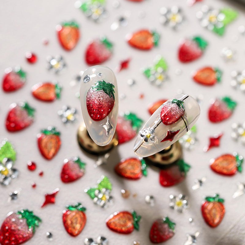 TailaiMei Embossed Strawberry Nail Stickers, 5d Fruit Self-Adhesive Nail Art Decals for DIY Nail Decorations (520) - Image 3